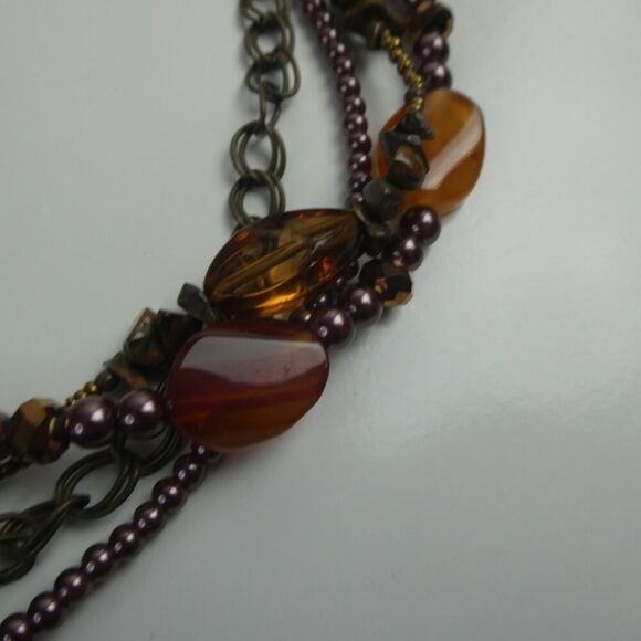 Multi Strand Grey Orange Red Beaded Faux Pearl Stone Plus Size Friendly Necklace - Picture 5 of 8